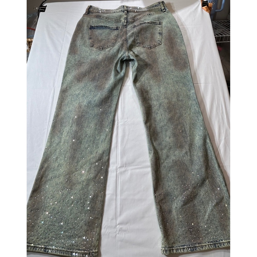 Fashion Nova Rhinestone Embellished Wide Leg Acid Wash Jeans XL Crystal Denim